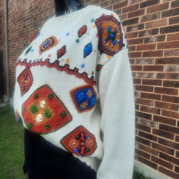 Vintage 90s Southwestern Pattern Embroidered and Beaded Hand Knit Sweater | S - Picture 8 of 16